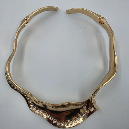 BOSS LADY COUTRE 15" "Natasha" Gold Tone/Clear Rhinestone Irregular Wave Statement Collar Necklace