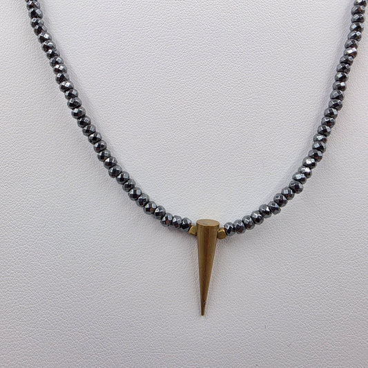 15"-18" Faceted Hematite Bead with Brass Spike Pendant