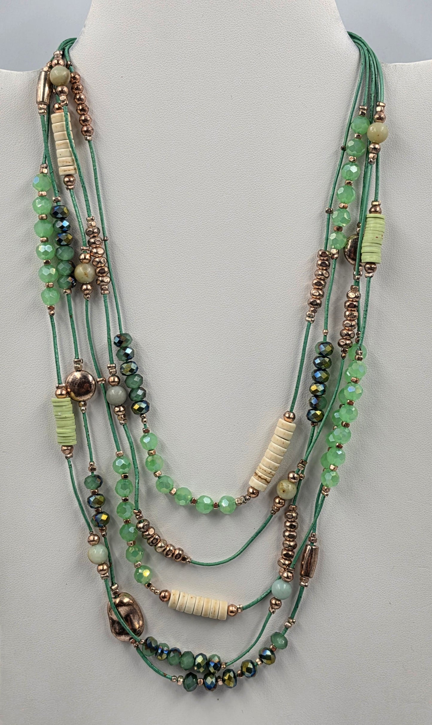 16"-17" Iridescent Green/Mint/Silver Glass Beaded Necklace