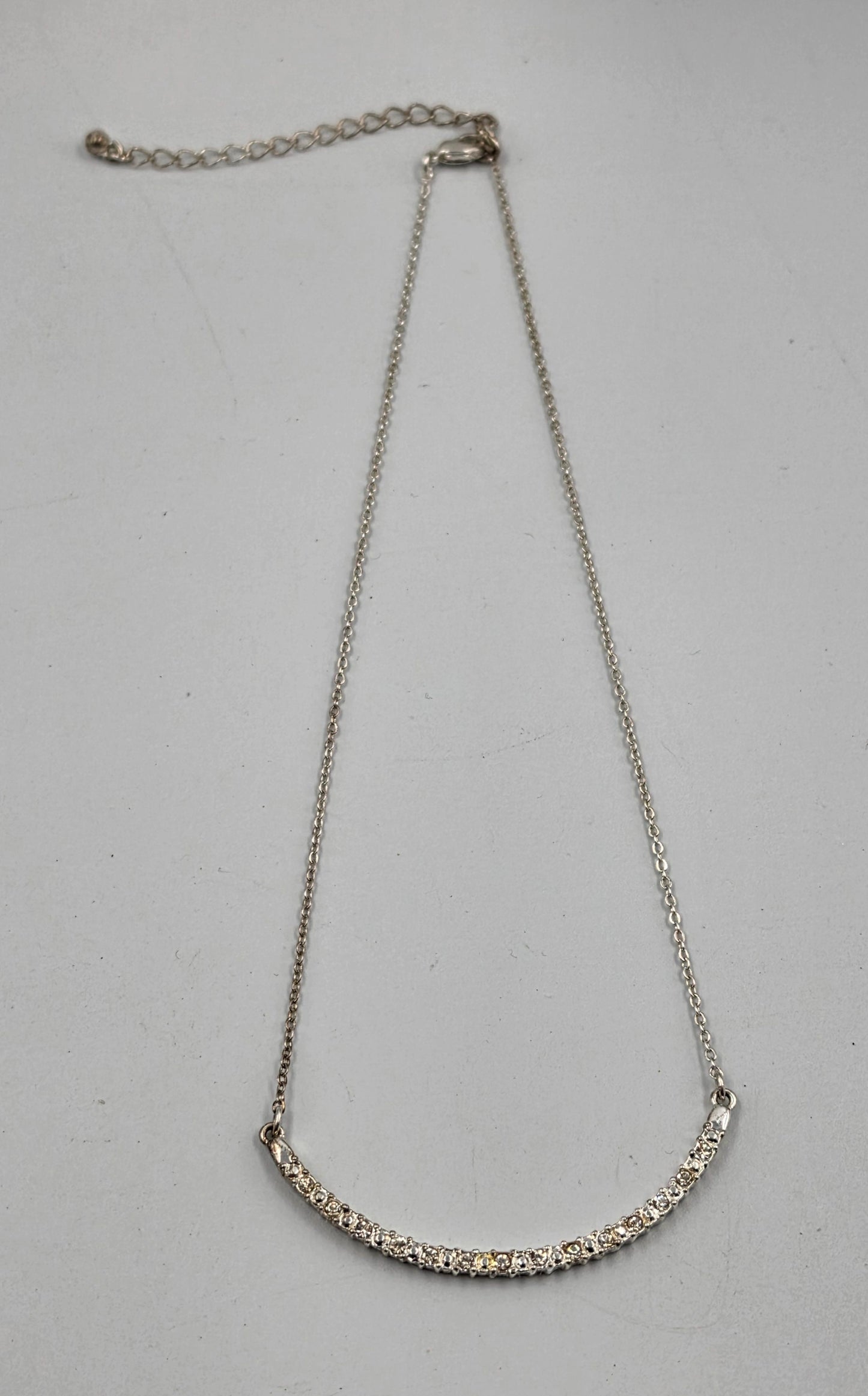 16"-19" Clear Rhinestone Bar Pendant/ Silver Tone Necklace