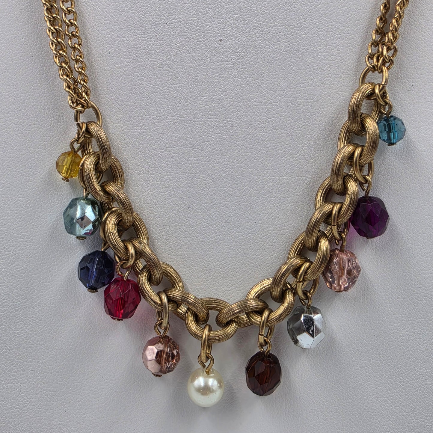 38" Antiqued Tone Teal/Red/Pink/Silver/Purple/Yellow Acrylic Bead Necklace