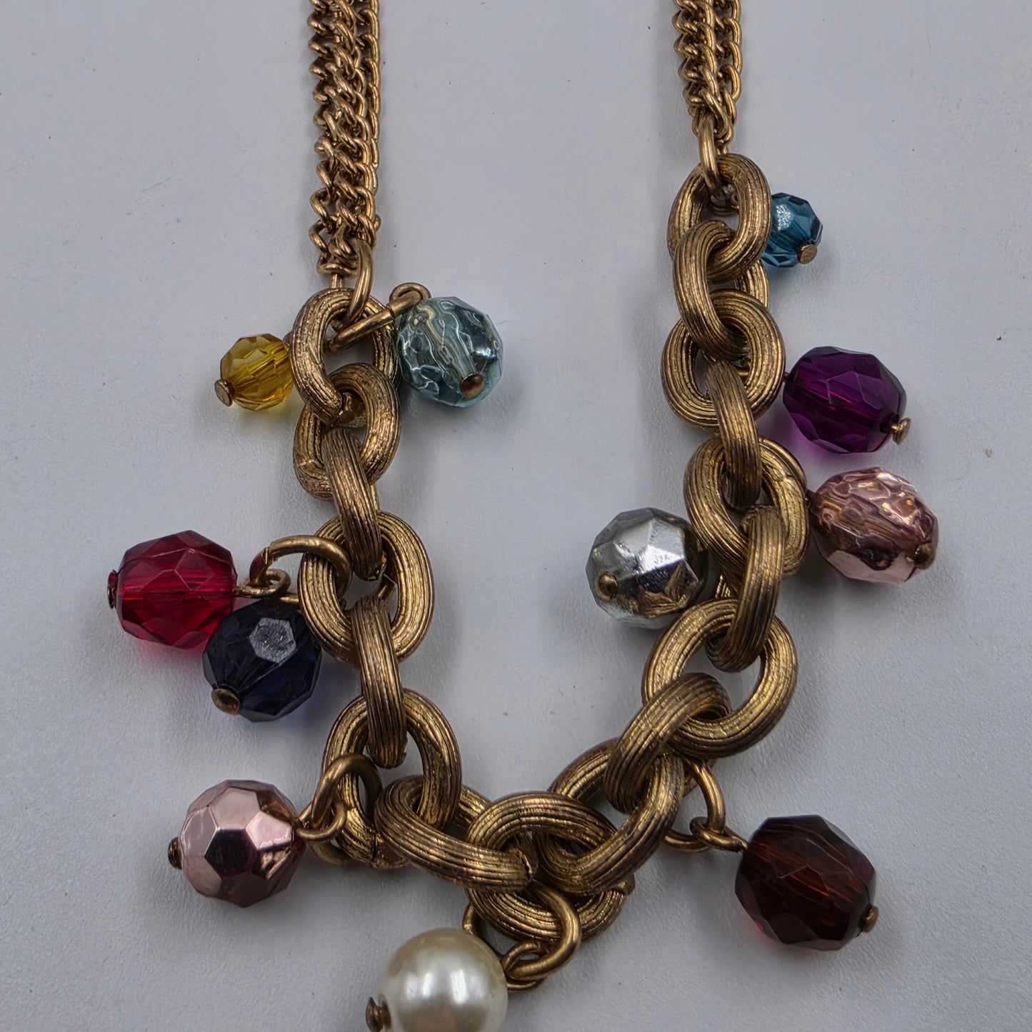 38" Antiqued Tone Teal/Red/Pink/Silver/Purple/Yellow Acrylic Bead Necklace