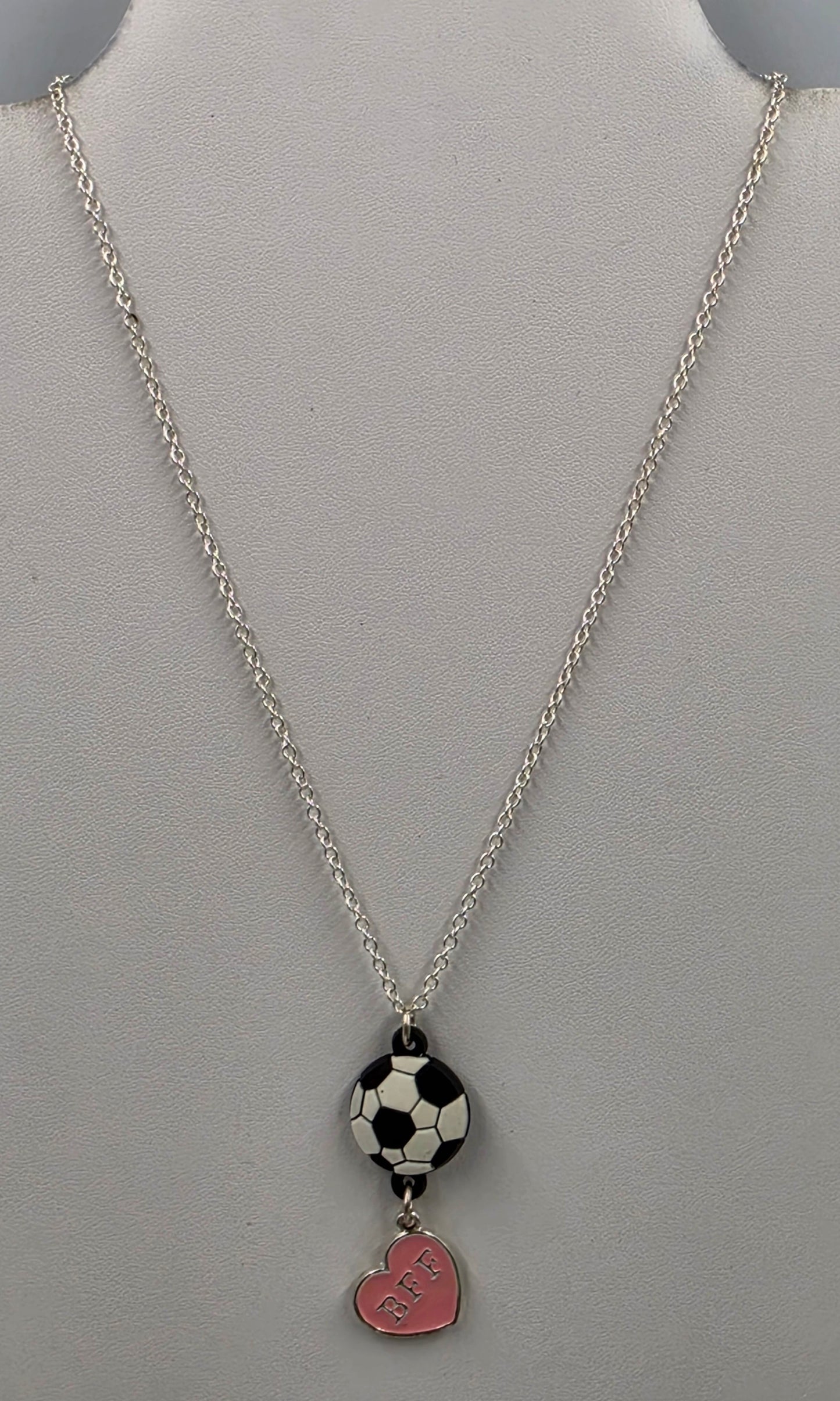 16"-19" Adjustable Pink Enamel Heart BFF Charm/Soccer Ball/Silver Tone Chain Necklace