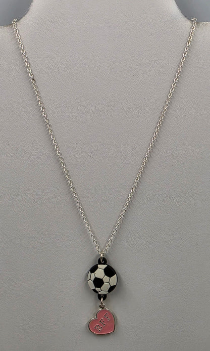 16"-19" Adjustable Pink Enamel Heart BFF Charm/Soccer Ball/Silver Tone Chain Necklace