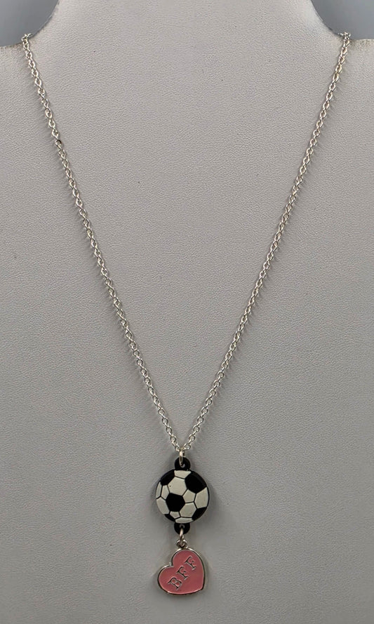 16"-19" Adjustable Pink Enamel Heart BFF Charm/Soccer Ball/Silver Tone Chain Necklace