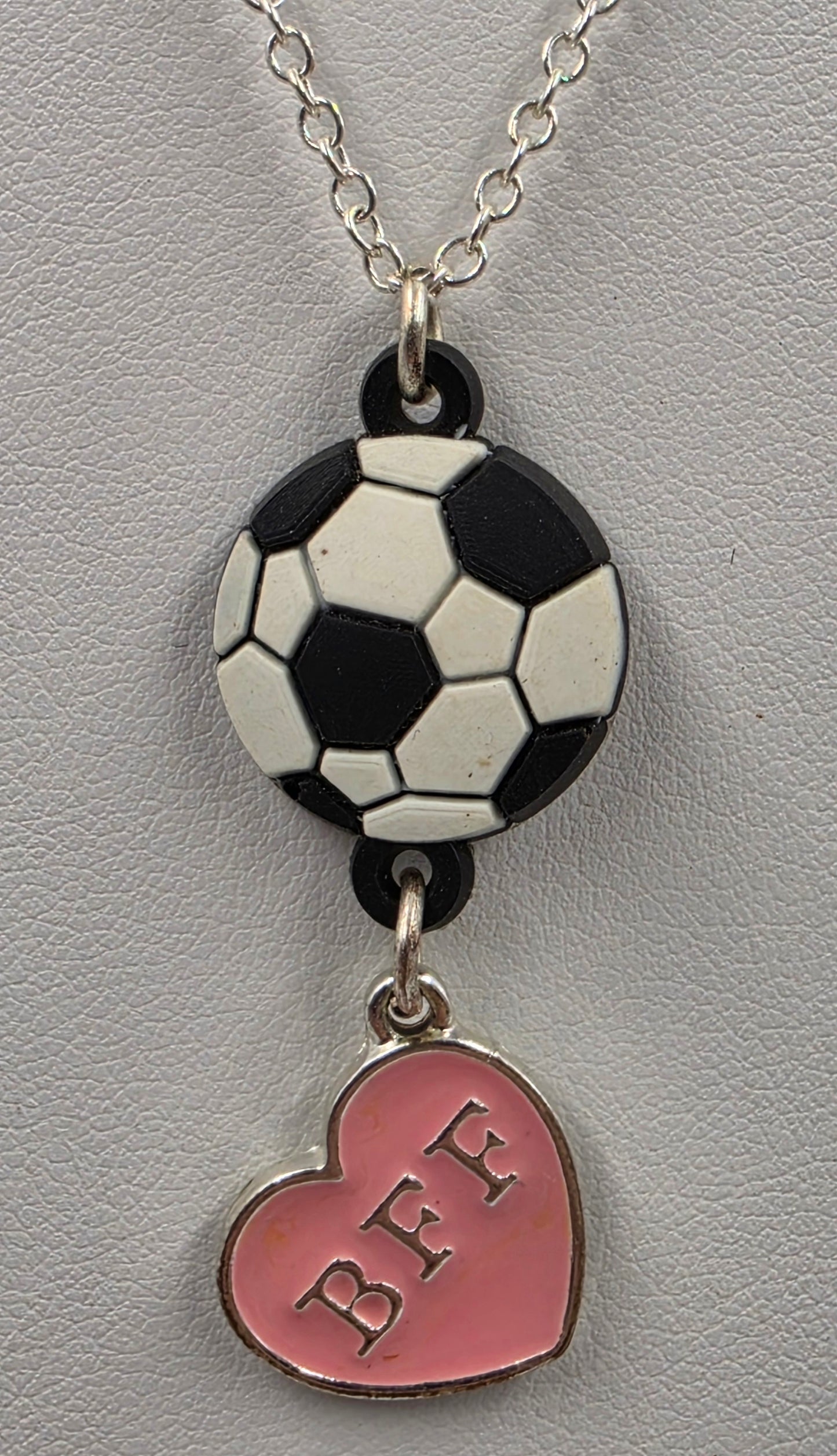 16"-19" Adjustable Pink Enamel Heart BFF Charm/Soccer Ball/Silver Tone Chain Necklace