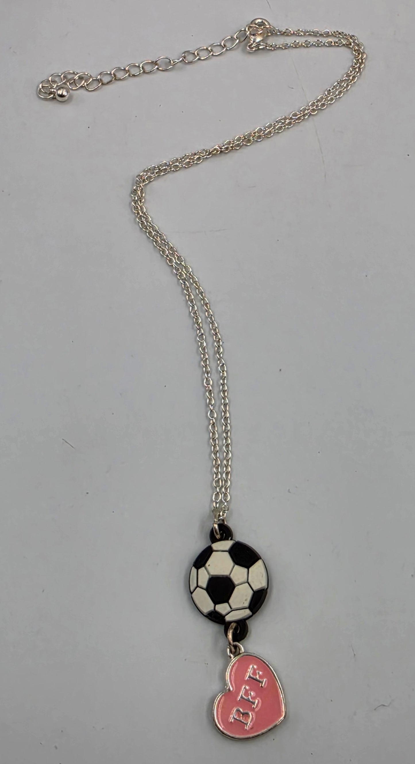 16"-19" Adjustable Pink Enamel Heart BFF Charm/Soccer Ball/Silver Tone Chain Necklace