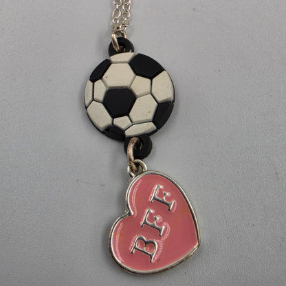 16"-19" Adjustable Pink Enamel Heart BFF Charm/Soccer Ball/Silver Tone Chain Necklace