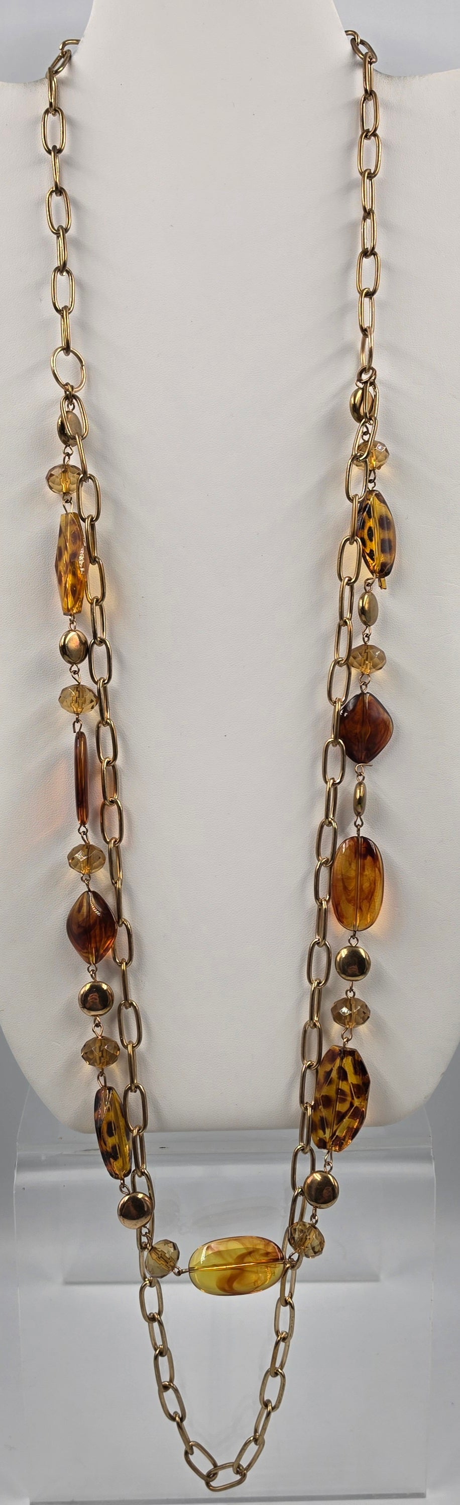 35"-37" Tortoise Shell Print Resin Bead/ Antiqued Gold Tone Chain Necklace