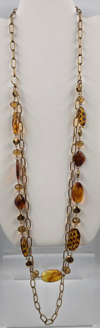 35"-37" Tortoise Shell Print Resin Bead/ Antiqued Gold Tone Chain Necklace