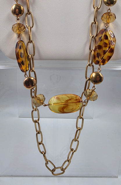 35"-37" Tortoise Shell Print Resin Bead/ Antiqued Gold Tone Chain Necklace