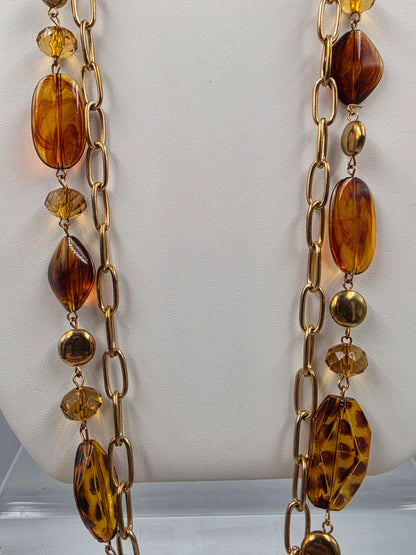 35"-37" Tortoise Shell Print Resin Bead/ Antiqued Gold Tone Chain Necklace