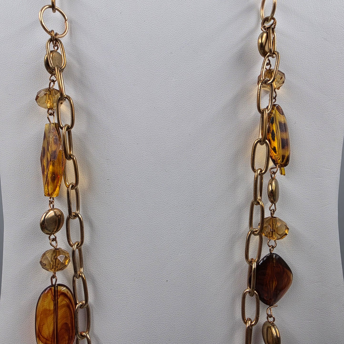 35"-37" Tortoise Shell Print Resin Bead/ Antiqued Gold Tone Chain Necklace