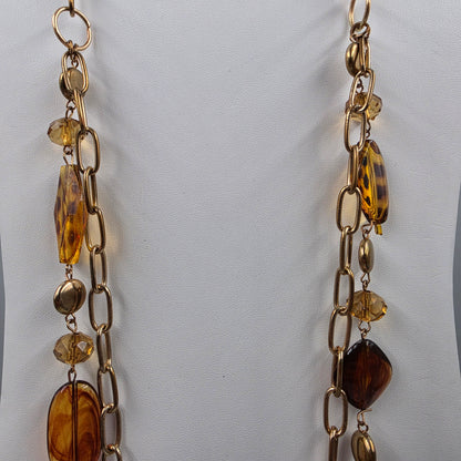 35"-37" Tortoise Shell Print Resin Bead/ Antiqued Gold Tone Chain Necklace