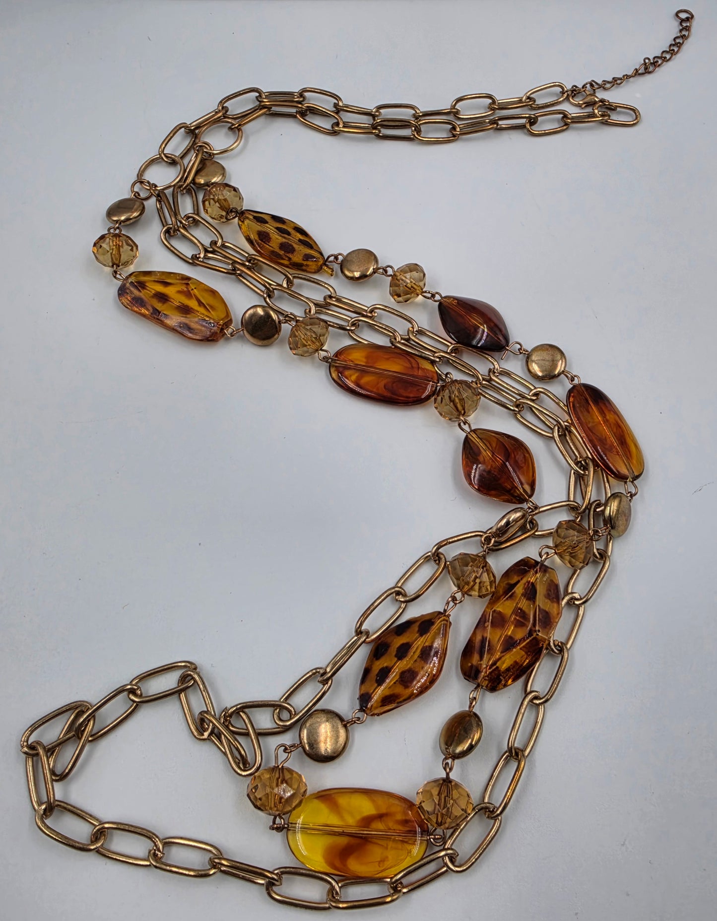 35"-37" Tortoise Shell Print Resin Bead/ Antiqued Gold Tone Chain Necklace