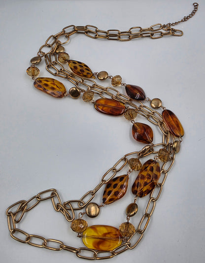 35"-37" Tortoise Shell Print Resin Bead/ Antiqued Gold Tone Chain Necklace