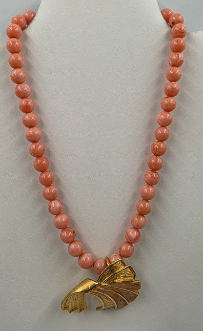 AVON 18" Marbled Pink Bead 9mm/ Enamel Inlaid/ahold Tone Pendant " Draped Elegance" Necklace