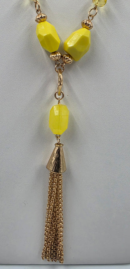 26" Yellow Acrylic  abead/ Gold Tone Tassel Pendant Necklace