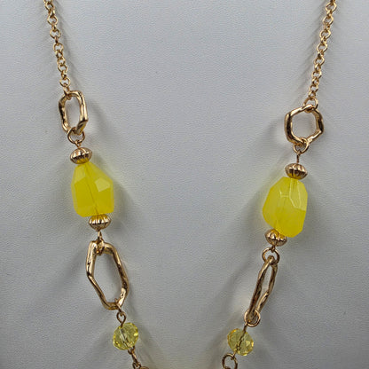 26" Yellow Acrylic  abead/ Gold Tone Tassel Pendant Necklace