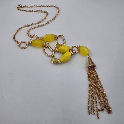 26" Yellow Acrylic  abead/ Gold Tone Tassel Pendant Necklace