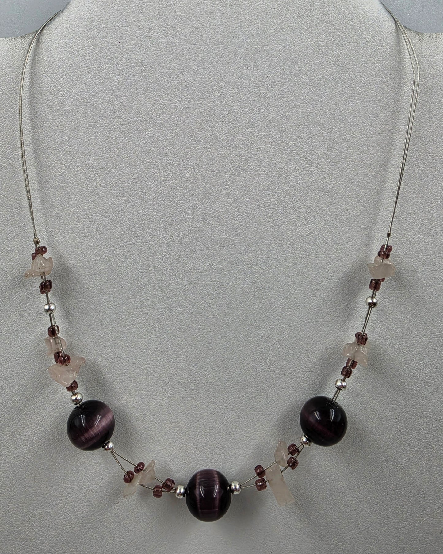 15.5"-18.5" Adjustable Purple Glass Tigers Eye/ Quartz Stone Chip Station Necklace