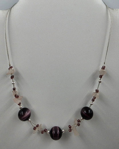 15.5"-18.5" Adjustable Purple Glass Tigers Eye/ Quartz Stone Chip Station Necklace