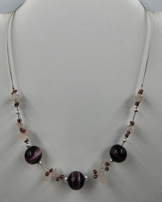 15.5"-18.5" Adjustable Purple Glass Tigers Eye/ Quartz Stone Chip Station Necklace