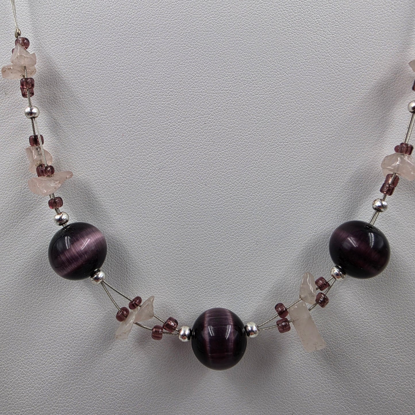 15.5"-18.5" Adjustable Purple Glass Tigers Eye/ Quartz Stone Chip Station Necklace