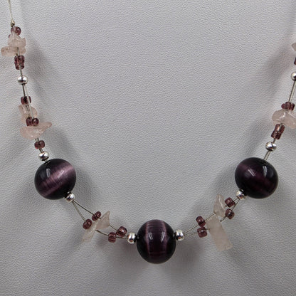 15.5"-18.5" Adjustable Purple Glass Tigers Eye/ Quartz Stone Chip Station Necklace