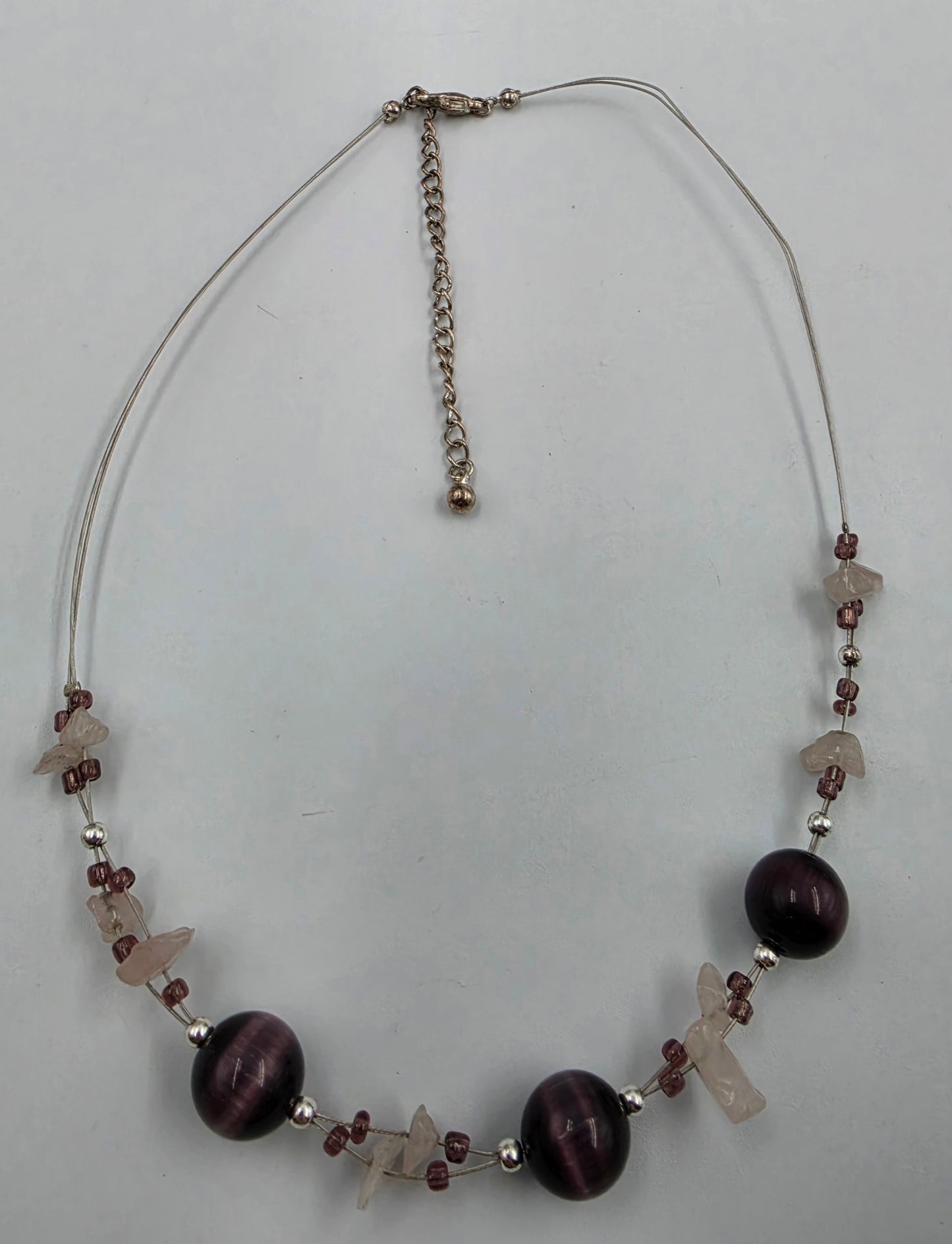 15.5"-18.5" Adjustable Purple Glass Tigers Eye/ Quartz Stone Chip Station Necklace