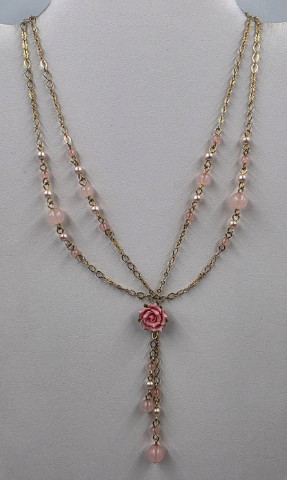 RUE DU BAG 15.5"-17.5" Adjustable Acrylic Pink Rose/ Beaded Necklace