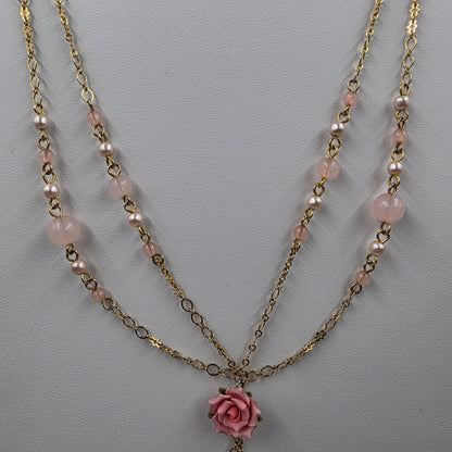 RUE DU BAG 15.5"-17.5" Adjustable Acrylic Pink Rose/ Beaded Necklace