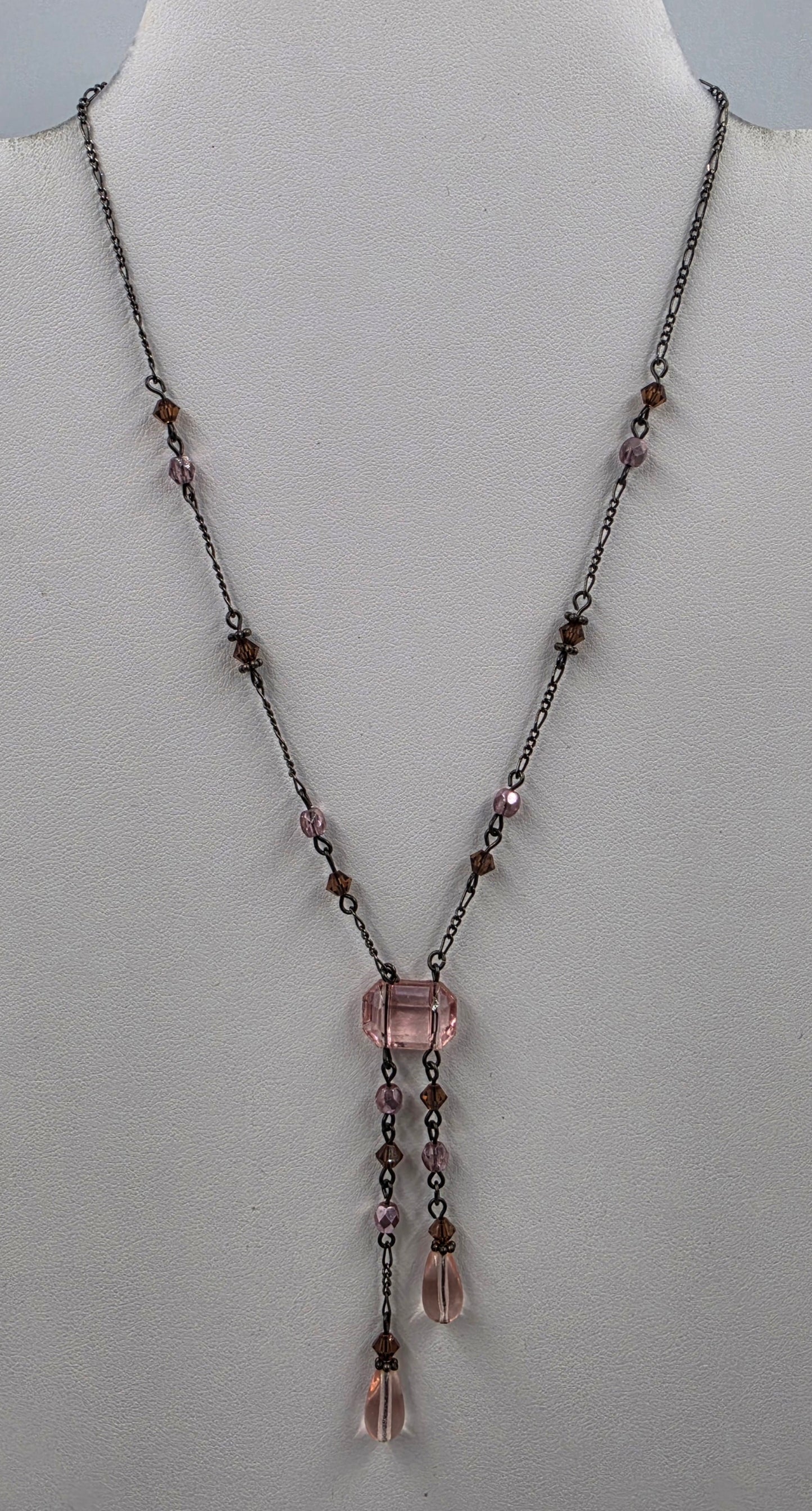 15"-17" Pink/Brown Glass Rhinestone/Black Chain Necklace