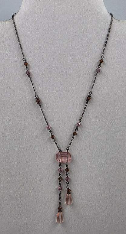 15"-17" Pink/Brown Glass Rhinestone/Black Chain Necklace