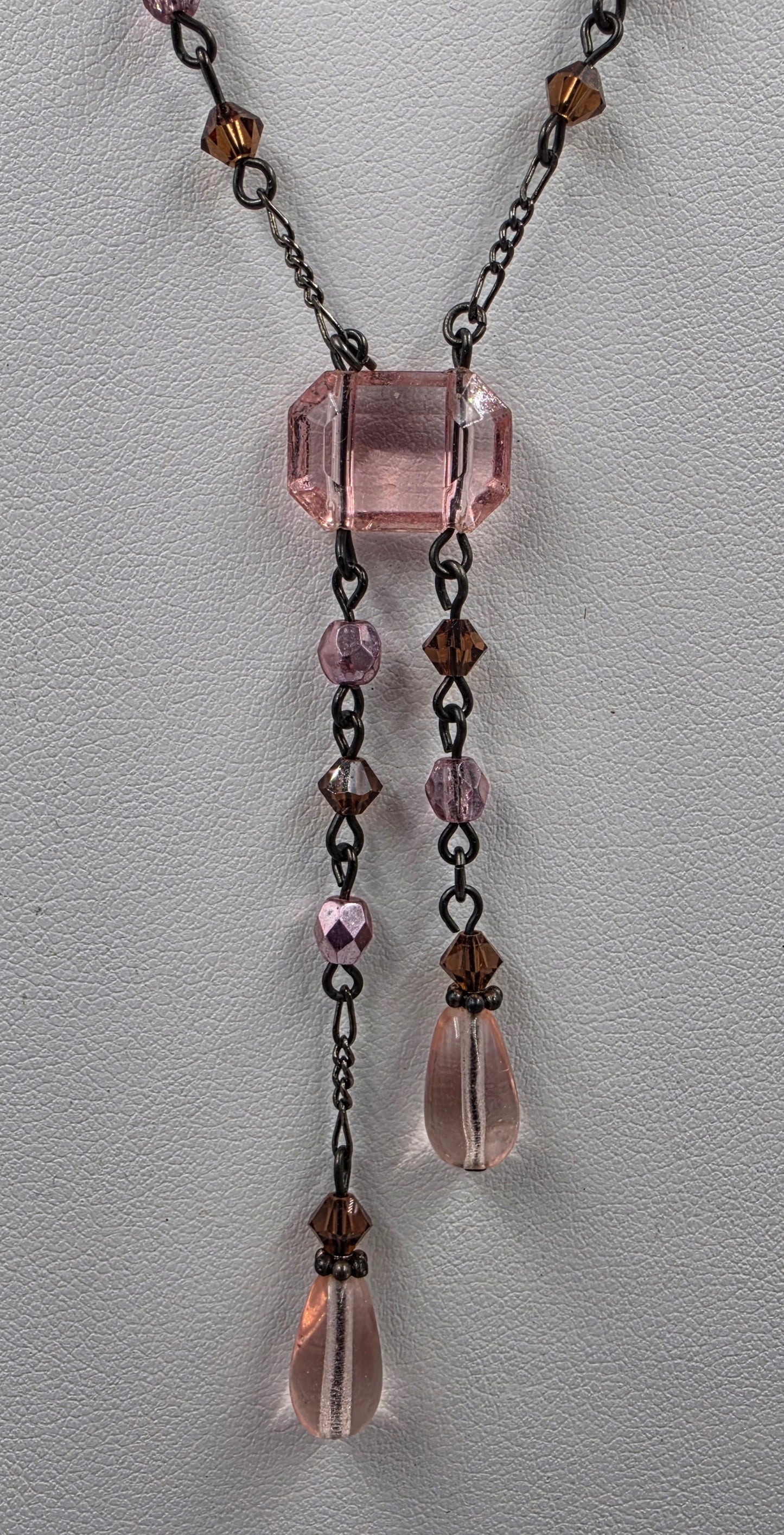 15"-17" Pink/Brown Glass Rhinestone/Black Chain Necklace