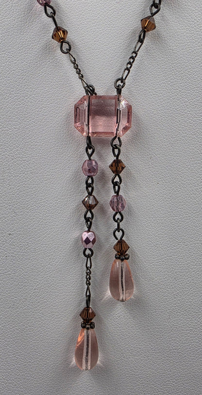 15"-17" Pink/Brown Glass Rhinestone/Black Chain Necklace