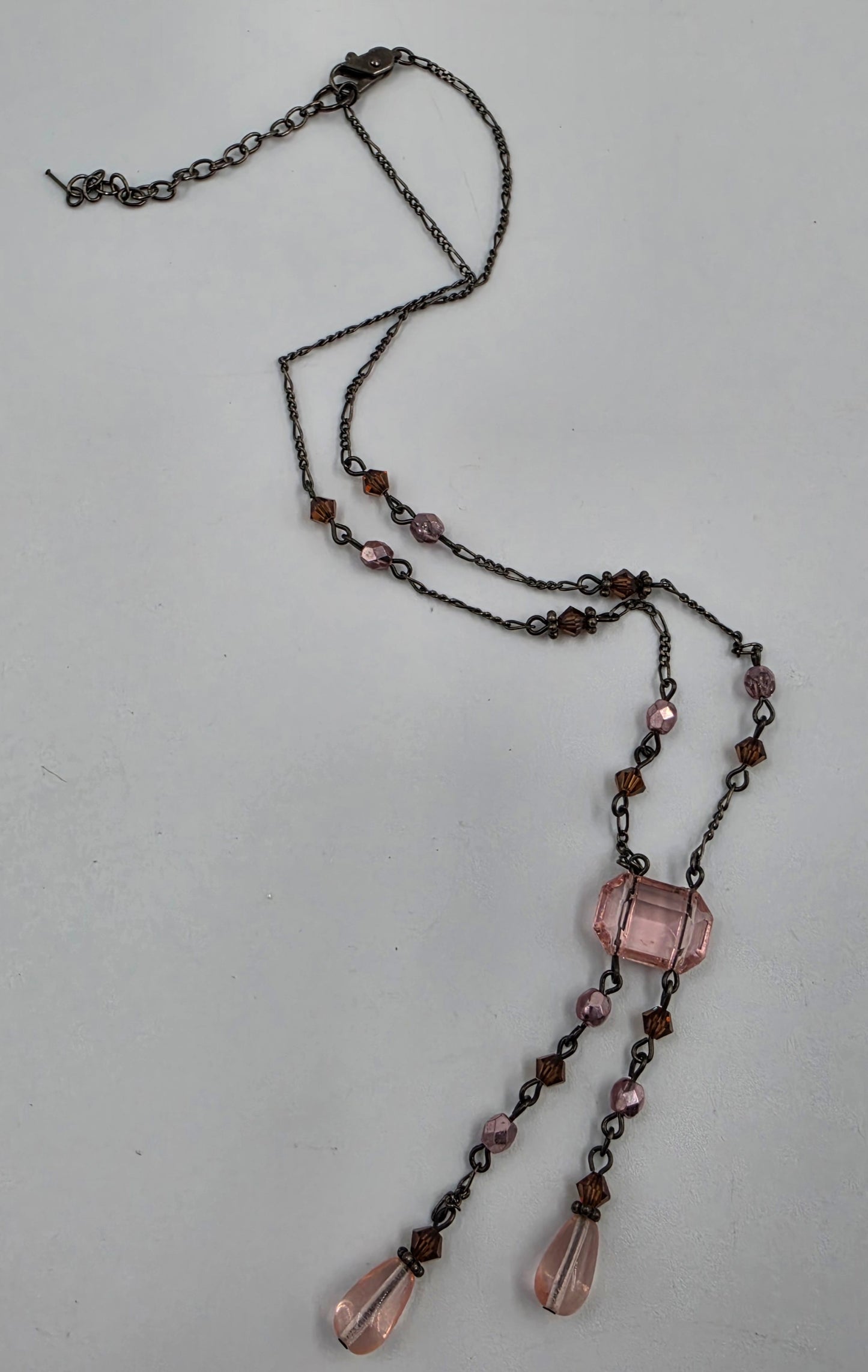 15"-17" Pink/Brown Glass Rhinestone/Black Chain Necklace