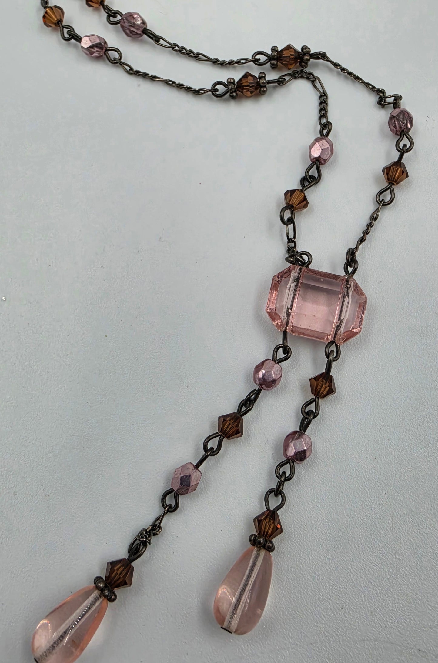 15"-17" Pink/Brown Glass Rhinestone/Black Chain Necklace