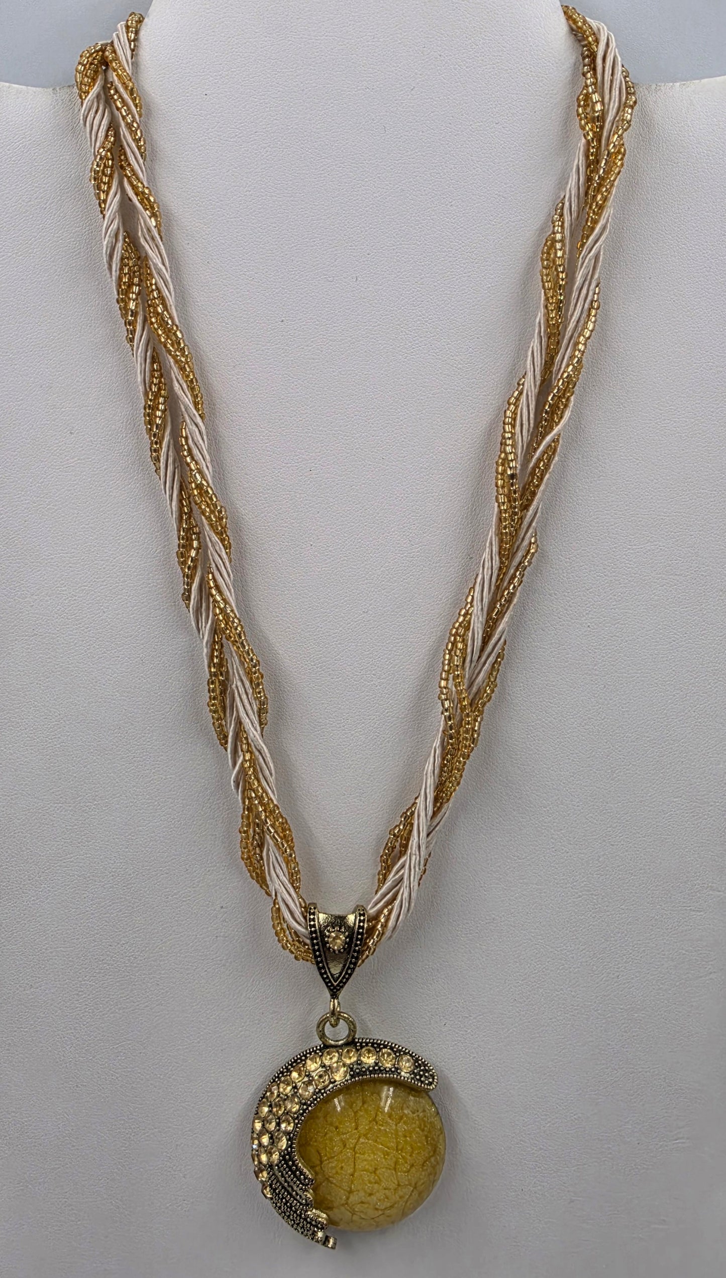 18"-20" Gold Glass Bead/Cord Necklace with Gold Tone/Yellow Glass Cabochon Pendant