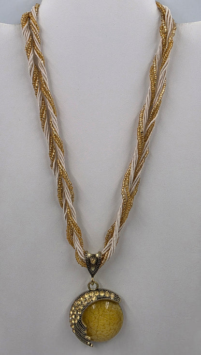 18"-20" Gold Glass Bead/Cord Necklace with Gold Tone/Yellow Glass Cabochon Pendant