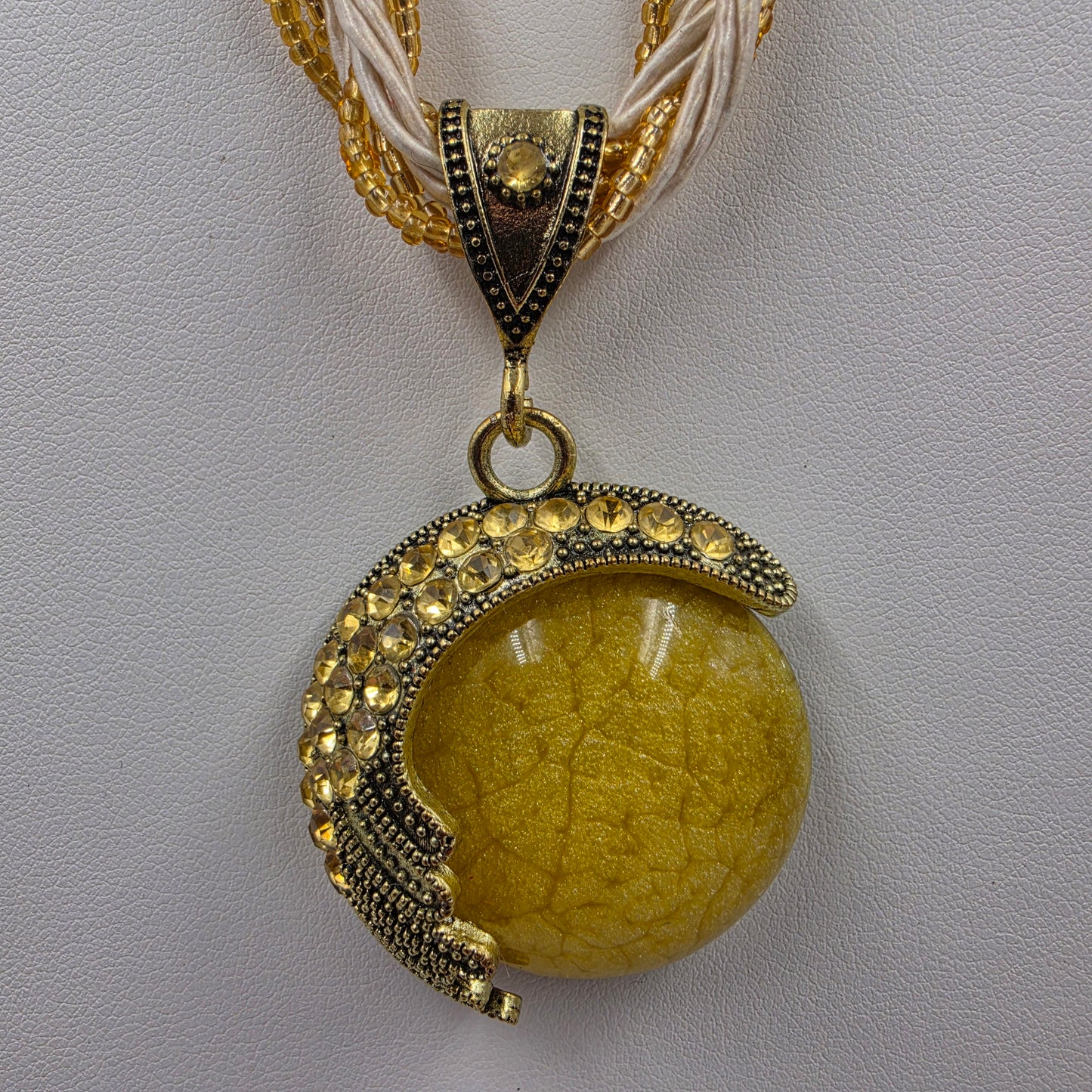 18"-20" Gold Glass Bead/Cord Necklace with Gold Tone/Yellow Glass Cabochon Pendant