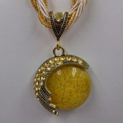 18"-20" Gold Glass Bead/Cord Necklace with Gold Tone/Yellow Glass Cabochon Pendant