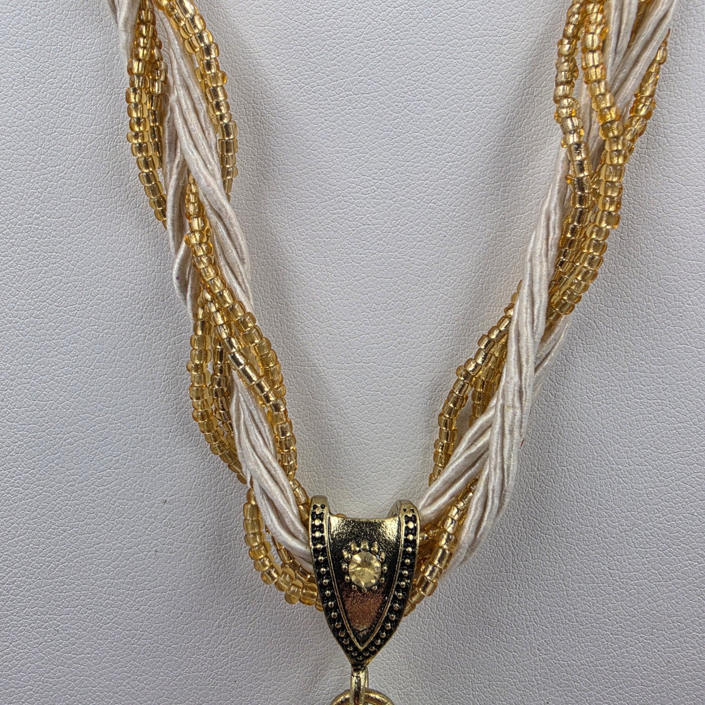 18"-20" Gold Glass Bead/Cord Necklace with Gold Tone/Yellow Glass Cabochon Pendant