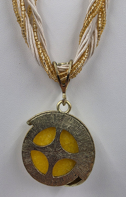 18"-20" Gold Glass Bead/Cord Necklace with Gold Tone/Yellow Glass Cabochon Pendant