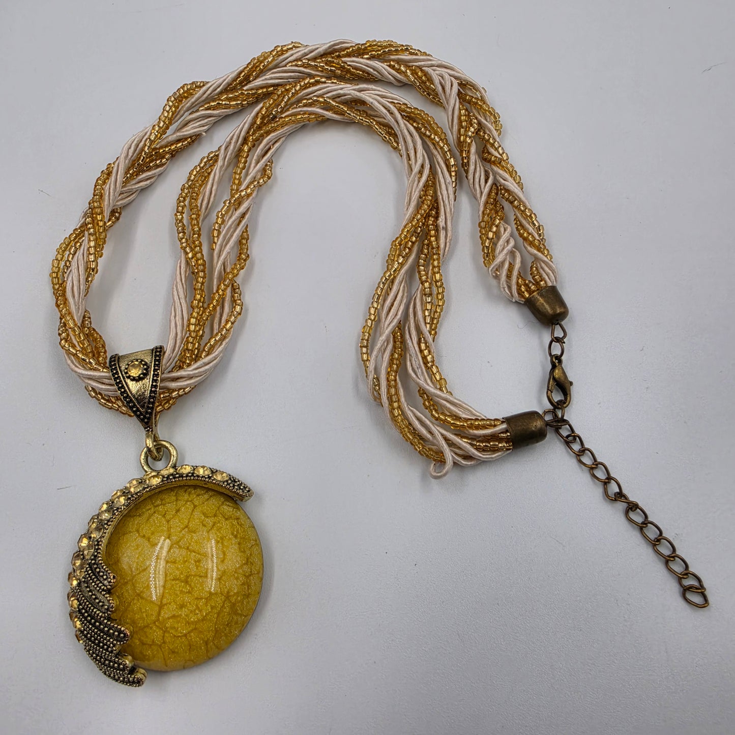 18"-20" Gold Glass Bead/Cord Necklace with Gold Tone/Yellow Glass Cabochon Pendant