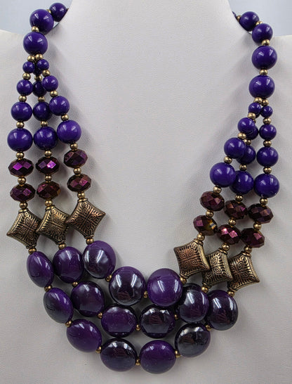 16"-19.5" Adjustable Purple Glass Cabochons/Acrylic Beads/Iridescent Faceted/Graduated Bead Multi Layer Necklace