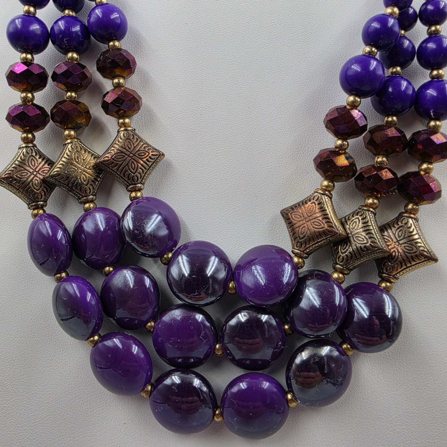 16"-19.5" Adjustable Purple Glass Cabochons/Acrylic Beads/Iridescent Faceted/Graduated Bead Multi Layer Necklace
