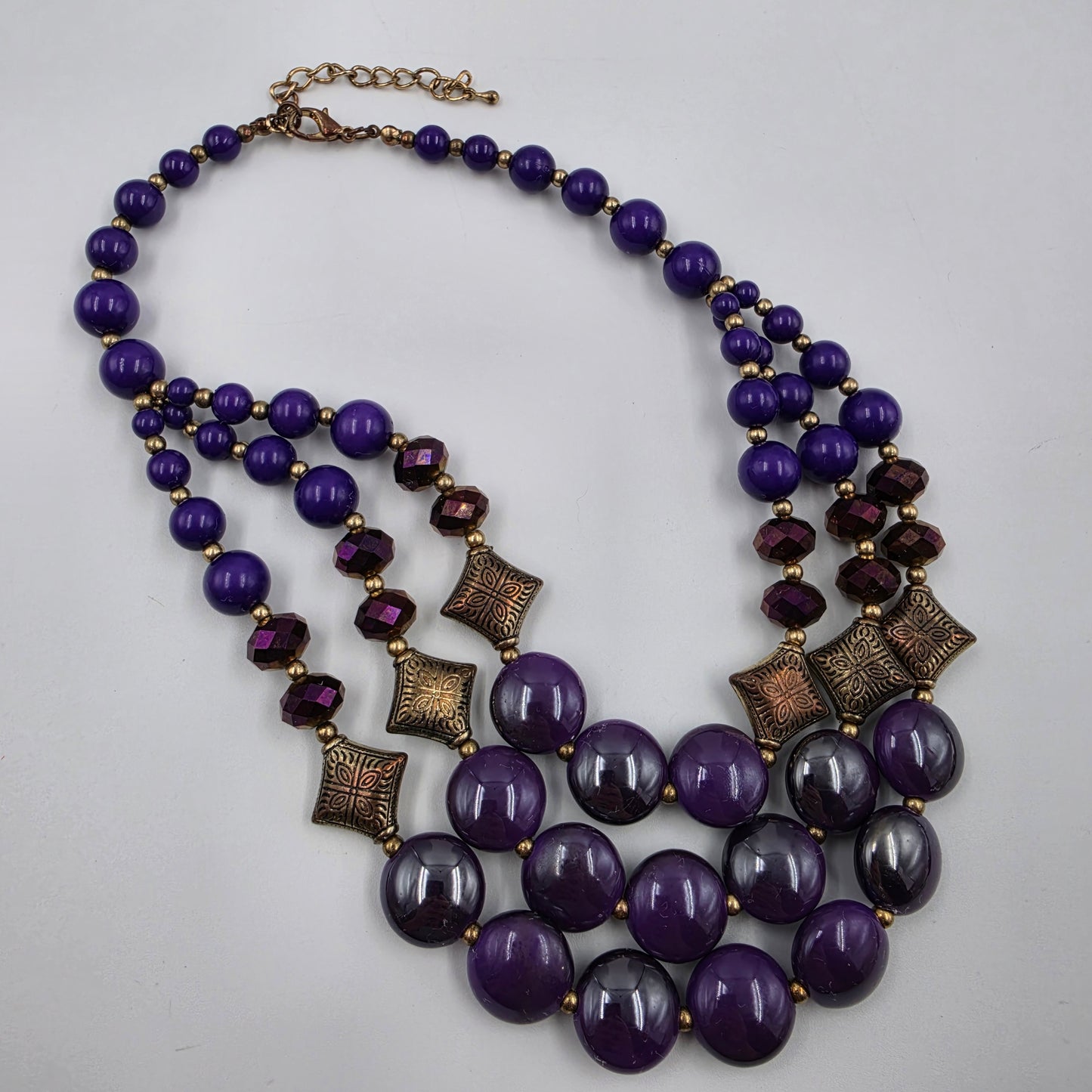 16"-19.5" Adjustable Purple Glass Cabochons/Acrylic Beads/Iridescent Faceted/Graduated Bead Multi Layer Necklace