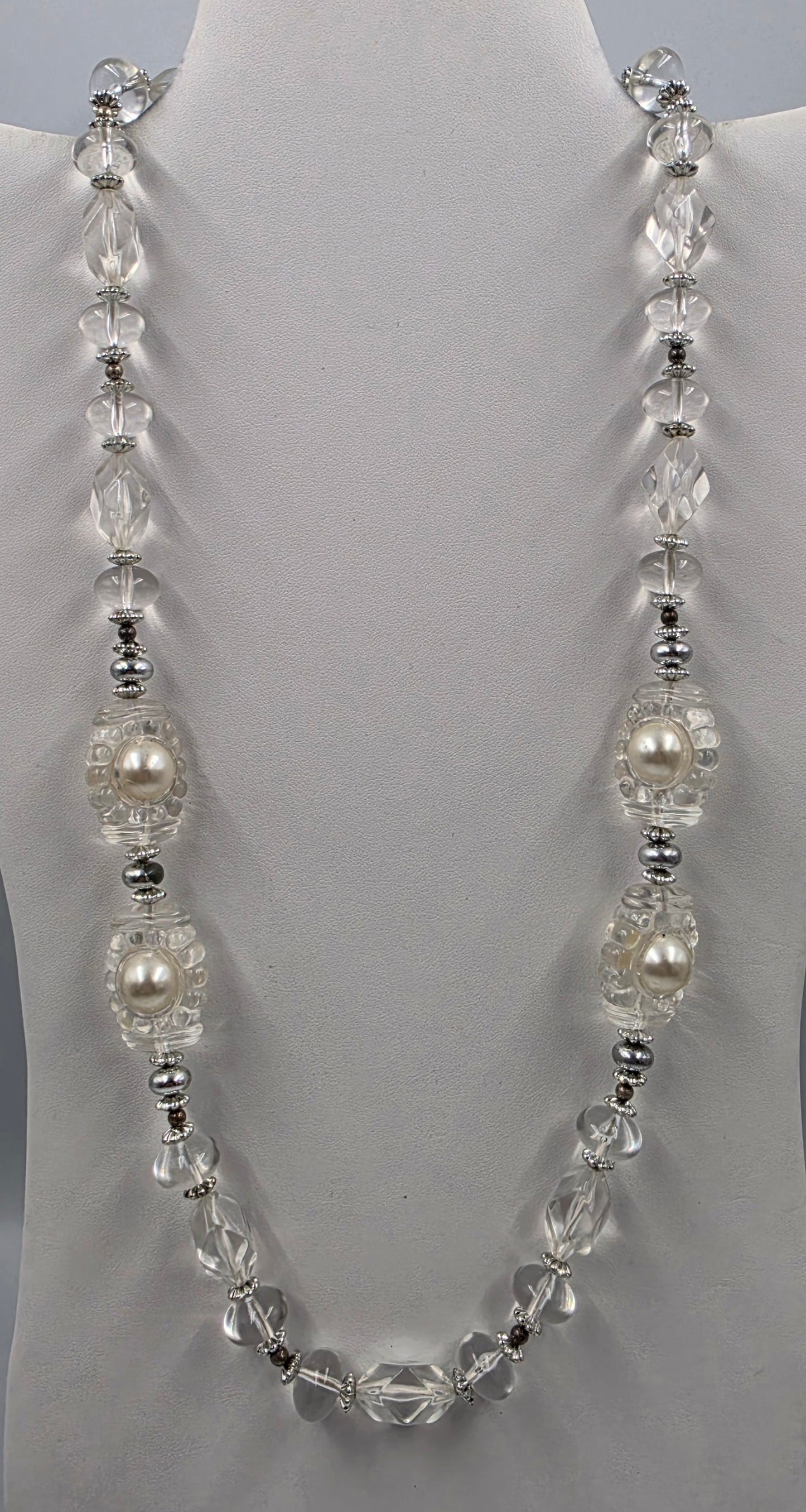 25" Clear Lucite Bead/Faux Pearl/Silver Necklace