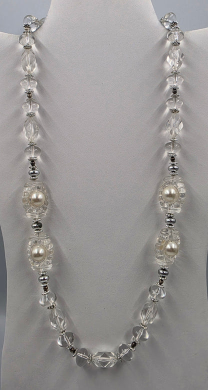 25" Clear Lucite Bead/Faux Pearl/Silver Necklace